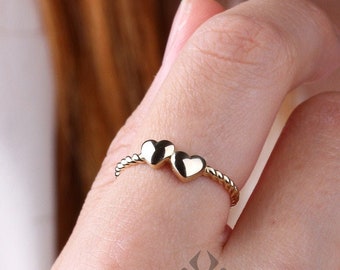 14K Solid Gold Heart  Ring, Double Heart Dainty Ring, Promise Ring, Valentine Twin Heart Rope Ring, Tiny Love Shape, Gift For Her, Real Gold
