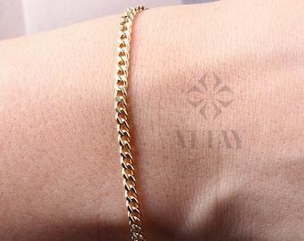 14K Gold Cuban Link Bracelet, 3mm Curb Layering Chain Anklet, Miami Cuban Bold Link, Stacking Bracelet, Unisex Bracelet, Gift For Her