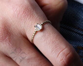 14K Solid Gold Baguette Ring, Cluster Zircon Engagement Gold Ring, Stacking Ring, Dainty Twist Ring, Cluster Ring, Anniversary Gift For Her