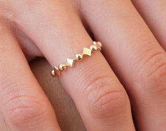 14K Gold Beaded Ring, Zigzag Bead Band, Minimal Gold Ring, Dainty Stacking Ring, Modern Everyday Gold Band
