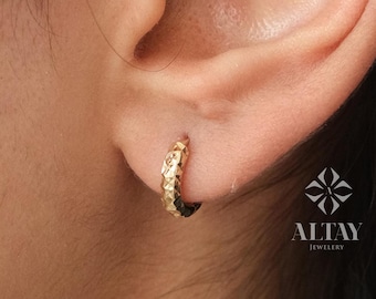 14K Gold Cuff Dome Huggie Earrings, 10mm Disco Ball Pattern Hoops, Curved Dome Hoop Earrings, Unisex Adult, Earlobe, Upper Lobe Rings
