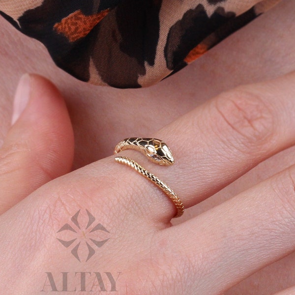 14K Gold Snake Ring, Snake Band, Open Serpent Jewelry, Dainty Stacking Animal Rings, Snake Style Ring, Open Band Statement Wrap Ring