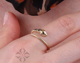 14K Gold Snake Ring, Snake Band, Open Serpent Jewelry, Dainty Stacking Animal Rings, Snake Style Ring, Open Band Statement Wrap Ring