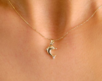 14K Gold Dolphin Necklace, Dolphin Pendant, Dolphin Fish Charm, Ocean Choker Charm, Valentine's Day Gift, Animal Jewelry, Gift for Her