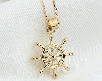 14K Gold Ship Wheel Necklace, Rudder Pendant Medallion, Nautical Charm, Disc Boat Jewelry, Sea Lover Necklace, Minimalist Coin Necklace