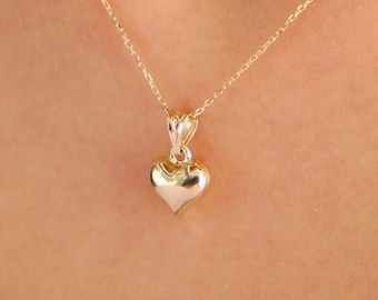 14K Gold Puffy Heart Necklace, Dainty Solid Gold Heart Pendant, Minimalist Real Gold Necklace, Cute Gift for Her, Everyday Jewelry