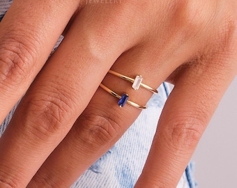 14K Gold Birthstone Baguette Ring, Custom Gemstone Ring, Personalized Solitaire Band, Solo Mothers Baguette Ring, Women Gemstone Ring