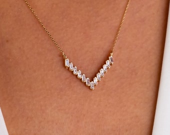 14K Gold V Shaped Necklace, CZ Baguette Diamond Chevron Pendant Necklace, Minimalist Geometric Chevron V Charm, Wedding Gift For Wife
