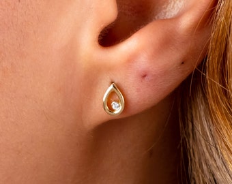 14K Gold CZ Diamond Pear Stud Earrings, Tear Drop Earrings, Tragus Stud, Open Circle Studs, Geometric Earrings, Solid Gold Earrings