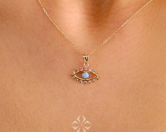 14K Gold Evil Eye Necklace, Blue Stone Nazar Pendant, Dainty Real Gold Protection Necklace, Minimal Eye Jewelry, Gift for Her