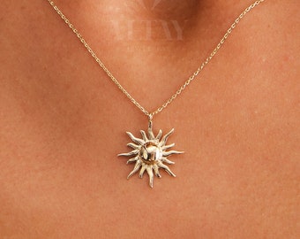 14K Gold Sun Necklace, Sunburst Celestial Pendant, Sun Charm Choker, Gold Sun Medallion, Gold Layering Chain, Gold Solar Necklace, Gift