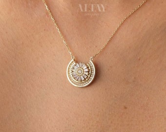 14K Gold Sunburst Necklace, Spikey Gold Sun Pendant, Celestial Layering Choker, Crescent Necklace, Semicircle Dainty Charm, Gift For Her