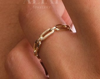 14K Gold Paperclip Chain Ring, Gold Chain Link Ring, Pointer Finger Ring, Stacking Ring for Women, Minimalist Wedding Ring, Handmade Band