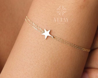 14K Gold Star Bracelet, Tiny Star Bracelet, Dainty Celestial Jewelry, Minimalist Star Charm Bracelet, Handmade Bracelet, Anniversary Gift