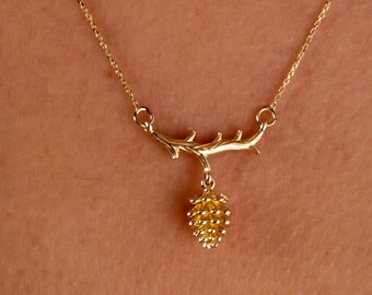 14K Solid Gold Pine Cone Necklace, Tree Charm Pendant, Chain Necklace, Delicate Pendant, Anniversary, Minimalist Gift For Her, Jewelry