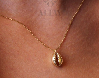 14K Gold Sea Shell Necklace, Cowrie Shell Charm Necklace, Conch Seashell Pendant, Boho Shell Jewelry, Pearl Accent Necklace, Valentines Day