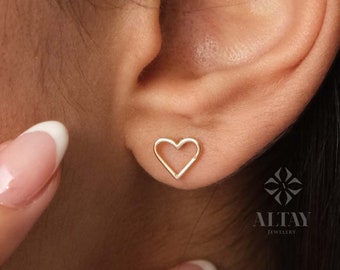 14K Gold Heart Stud Earrings, Open Heart Earrings, Mini Love Earrings Stacking Gold Earrings, Gifts for Daughter, Valentine's Gift for Her