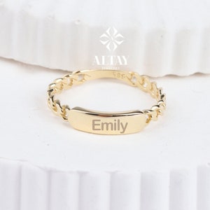 Anillo con nombre grabado en oro de 14 quilates, delicado anillo de barra, anillo de eslabones cubanos, anillo rectangular personalizado, anillo con inicial personalizada, regalo de Navidad