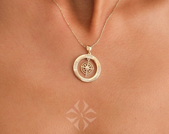 14K Gold Compass Necklace, Personalized Compass Medallion, Travelers Coin Necklace, Journey Pendant Necklace, Engraved Gift Jewelry