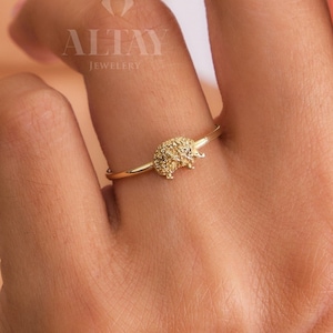 14K Gold Hedgehog Ring, Tiny Hedgehog Animal Ring, Unique Pointer Statement Ring, Handmade Animal Jewelry, Memorial Charm Gold Ring