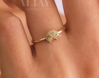 14K Gold Hedgehog Ring, Tiny Hedgehog Animal Ring, Unique Pointer Statement Ring, Handmade Animal Jewelry, Memorial Charm Gold Ring