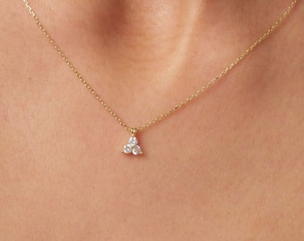 14K Gold Trio Cz Diamond Necklace, 3 Stone Necklace, Prong Set Pendant Necklace, Triangle Necklace, Bridesmaid Necklace, Bridal Gift