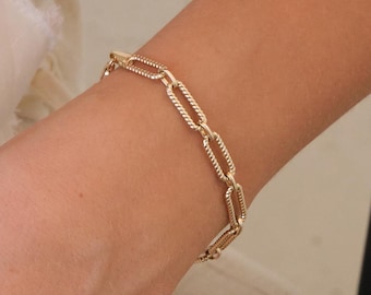 14K Gold Paperclip Chain Bracelet, 4.5mm Rectangle Long Chain, Rope Chain Link Bracelet, Stacking Bracelets, Twisted Chain, Gift For Her