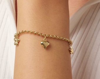 14K Gold 3mm Rolo Chain, Gold Heart Charm Bracelet, Love Bracelet, 3D Bee Moon Heart Clover Charm Jewelry, Link Heart Bracelet, Gift Wife