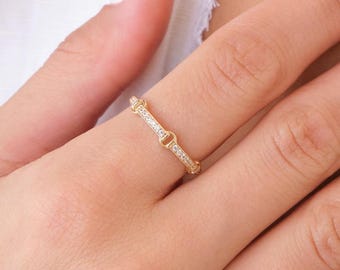 14K Gold Pave Bar Ring with CZ, Dainty Gold Bar Ring, Minimal Gold Ring, Everyday CZ Ring, Simple Gold Ring for Her