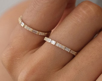 14K Gold Baguette Half Eternity Ring, CZ Diamond Wedding Ring, Baguette Wedding Ring, Delicate Engagement Ring, Stacking Promise Band