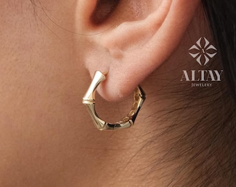 14K Gold Bamboo Earrings, Thick Bamboo Hoop Earrings, Small Hoop Earrings, Huggie Hoop, Modern Hoop, Chunky Gold Hoop, Gift For Wife