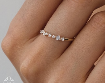14K Gold Half Eternity Ring, 2mm CZ Diamond Wedding Ring, Round Wedding Ring, Delicate Engagement Band, Stacking Promise Ring
