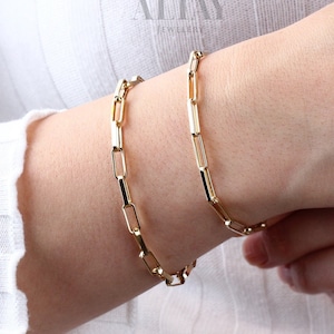 14K Solid Gold Paperclip Chain Bracelet, Rectangle Long Chain, Chunky Chain Link Bracelet, Stacking Bracelets, Dainty Chain, Gift For Her