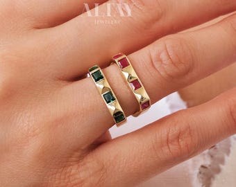 14K Gold Gemstone Ring, Colorful Stackable Ring, Square Stone Gold Band, Dainty Real Gold Ring, Green Red Pink Stone Ring