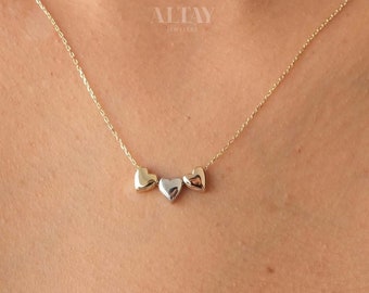 14K Gold Three Heart Necklace, Heart Love Pendant, Tricolor Gold Triple Heart Charm Pendant, Floating Hearts Necklace, All My Heart