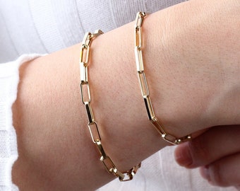 14K Solid Gold Paperclip Chain Bracelet, Rectangle Long Chain, Chunky Chain Link Bracelet, Stacking Bracelets, Dainty Chain, Gift For Her