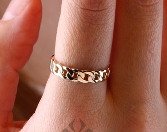 14K Gold Chain Ring, Cuban Link Ring, Thick Chain Curb Ring, Bold Chain Ring, Solid Gold Stacking Ring, Layering Minimalist Chain Link