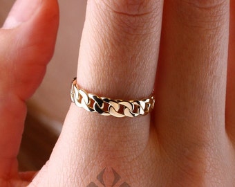 14K Gold Chain Ring, Cuban Link Ring, Thick Chain Curb Ring, Bold Chain Ring, Solid Gold Stacking Ring, Layering Minimalist Chain Link