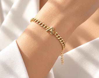 14K Gold Cuban Link Initial Bracelet, 3.5 mm Curb Letter Chain, Custom Miami Cuban Bold Link, Personalized Bracelet, Name Gift For Her Men