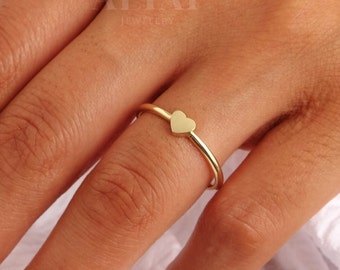 14K Solid Gold Heart Ring, Minimalist Dainty Stackable Ring, Promise Ring, Valentine Heart Ring, Tiny Love Shape, Gift For Her, Real Gold