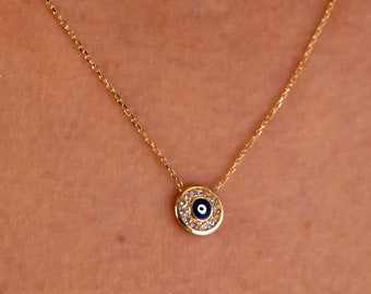 14K Gold Evil Eye Necklace, Coin Third Eye Necklace, Medallion Eye Necklace, Turquoise Stone Charm, Protection Layering Charm Necklace