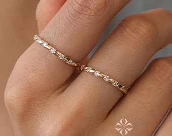 14K Gold Half Eternity Ring, 2mm CZ Diamond Wedding Ring, Round Wedding Ring, Delicate Engagement Band, Stacking Promise Band Ring