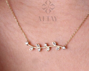 14K Gold Olive Branch Necklace, Gold Leaf Choker, Olive Leaf Charm, Cz Diamond Stone Necklace, Leaf Necklace, Christmas, Gift For Her
