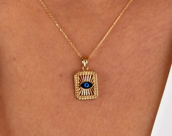 14K Evil Eye Necklace, Rectangle Evil Eye Pendant, Square Block Hamsa Pendant, Evil Eye Medallion, Gold Necklace for Women, Nazar Necklace