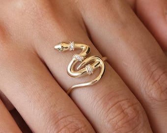 14K Gold Snake Ring, Snake Band, Open Serpent Jewelry, Dainty Stacking Animal Rings, CZ Snake Style Band, Open Band Statement Wrap Band Ring