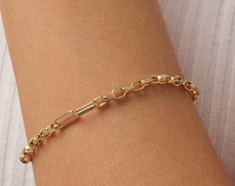14K Gold Paperclip Chain Bracelet, 3mm Rectangle Paper Clip Chain, Thick Square Box Link, Square Rolo Gold Link, Woman Man Gold Bracelet