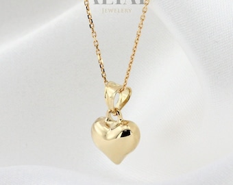 14K Gold Heart Necklace, Small Heart Necklace, Mini 3D Heart Pendant, Puffy Heart Real Gold Charm, Love Pendant Choker, Gift for Her