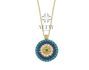 14K Gold Evil Eye Necklace, Gold Evil Eye Pendant, Evil Eye CZ Diamond Charm, Kabbalah Necklace, Good Luck Protection Symbol, Gift For Her