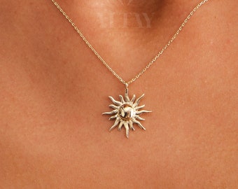14K Gold Sun Necklace, Sunshine Pendant Necklace, Circle Sunburst Celestial Charm, Disc Sun Pendant, Small Coin Necklace, Solar Medallion