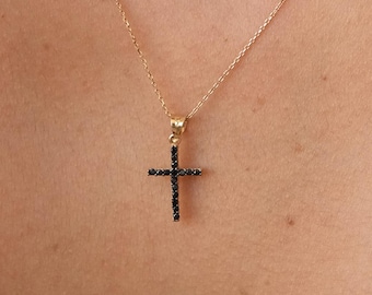 14K Gold Black Cross Necklace, Dainty Black Stone Cross Pendant, Real Gold Religious Necklace, Simple Faith Jewelry, Gift for Her